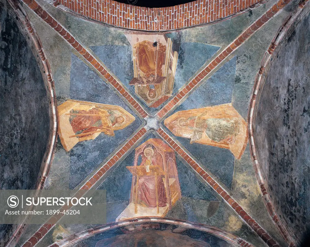 Evangelists, by First Master of San Biagio, 14th Century, fresco. Switzerland: Bellinzona: Ravecchia: San Biagio Church. Detail. Frescoed ceiling cross vault evangelists blue