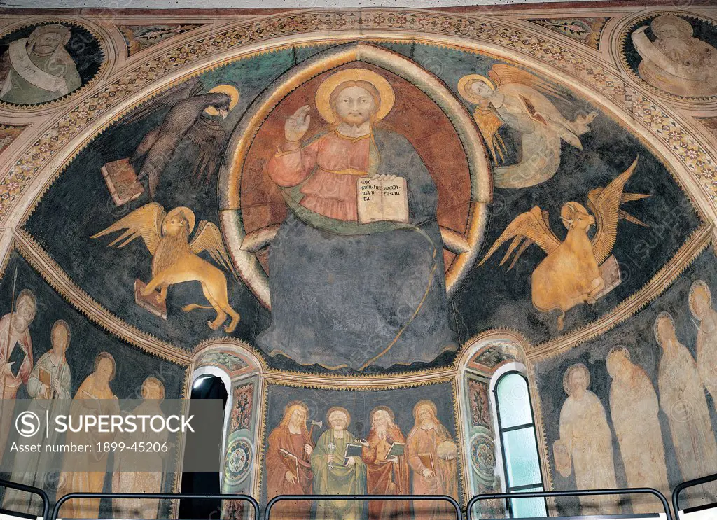 Christ in the Mandorla with the Symbols of the Evangelists, by Unknown artist, 14th Century, fresco. Italy: Lombardy: Varese: Albizzate. Apsidal conch Christ mandorla evangelists symbols winged lion winged ox eagle angel blue red