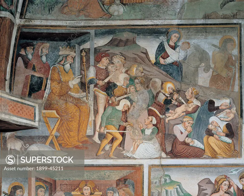 Massacre of the Innocents and Flight into Egypt, by Maffiolo da Cazzano, 15th Century, fresco. Italy: Lombardy: Bergamo: Algua-Pagliaro. Detail. Massacre of the Innocents and Flight into Egypt