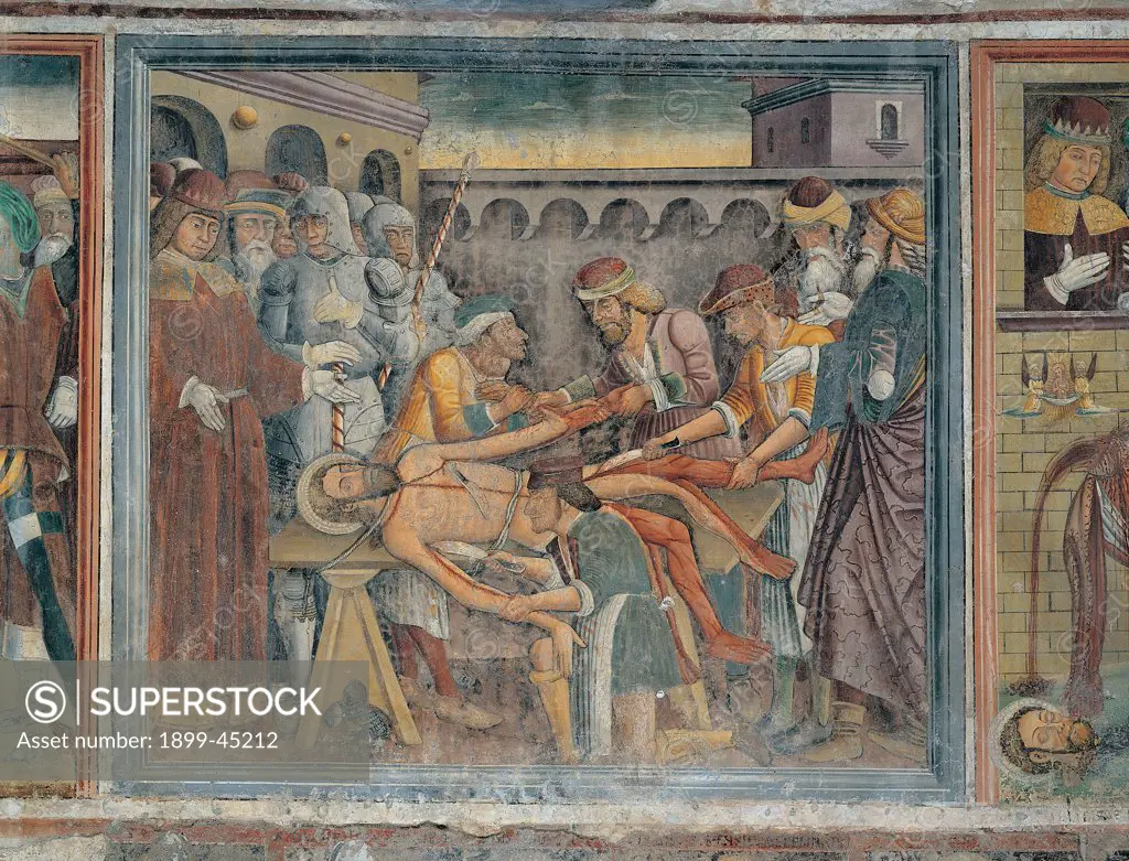 Martyrdom of St Bartholomew, by Marinoni Giovanni, 1492, 15th Century, fresco. Italy: Lombardy: Bergamo: Albino:. Whole artwork. Square martyrdom St Bartholomew skinned alive skin torturers
