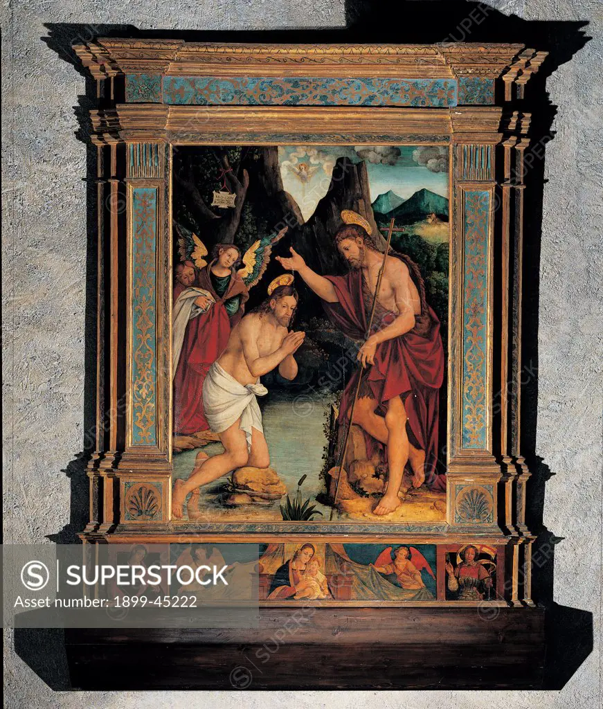 Baptism of Jesus, by De Magistris Sigismondo, 16th Century, panel. Italy: Lombardy: Como: Varenna: San Giorgio Parish church. All baptism Jesus Christ frame/cornice John the Baptist predella