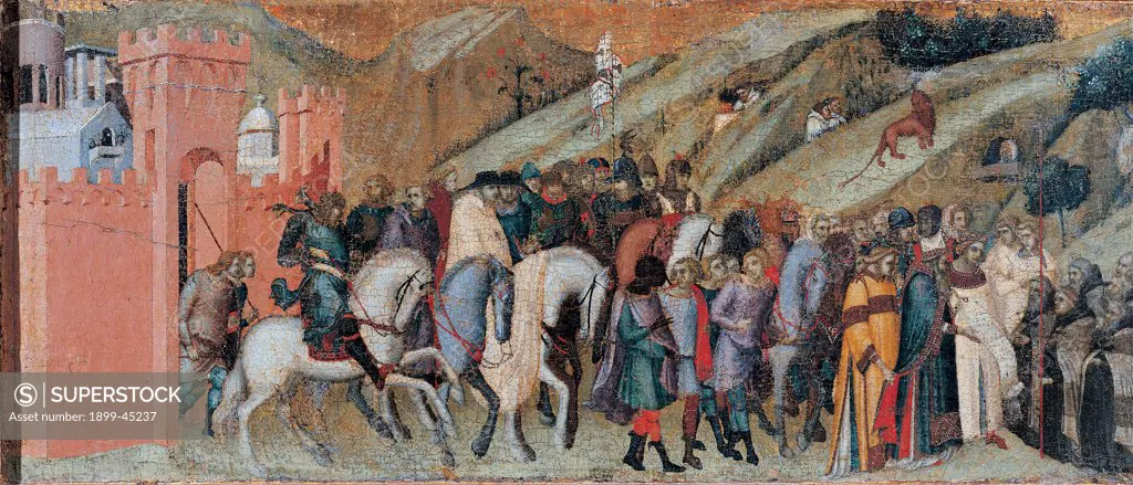 Carmine Altarpiece, by Lorenzetti Pietro, 1329, 14th Century, tempera on panel transferred to canvas. Italy: Tuscany: Siena: National Gallery of Art. Panel of the predella Carmine altarpiece St Albert Siculus patriarch of Jerusalem handing the Carmelite Rule to St Brocard