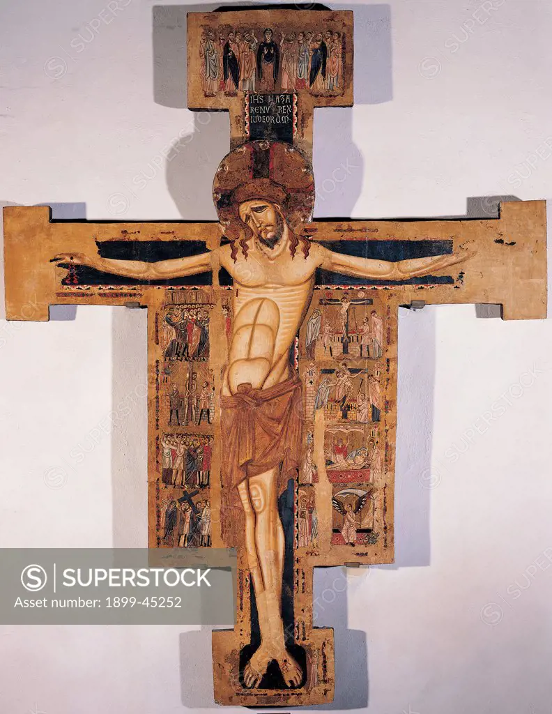 Crucifix, by Enrico di Tedice, 13th Century, panel. Italy: Tuscany: Pisa. Whole artwork. Christ crucifix episodes stories