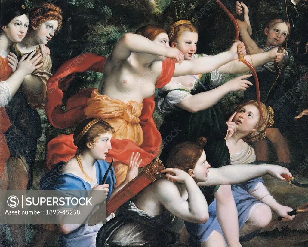 Diana and her Nymphs, by Zampieri Domenico known as il Domenichino, 1616 - 1617, 17th Century, oil on canvas. Italy: Lazio: Rome: Borghese Gallery. Detail. Diana maidservants children draw contest quiver bow arrows