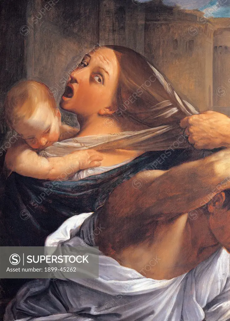 Massacre of the Innocents, by Reni Guido, 1611, 17th Century, oil on canvas. Italy: Emilia Romagna: Bologna: National Gallery of Art. Details. Face of a screaming mother hair child shirt white scream hand