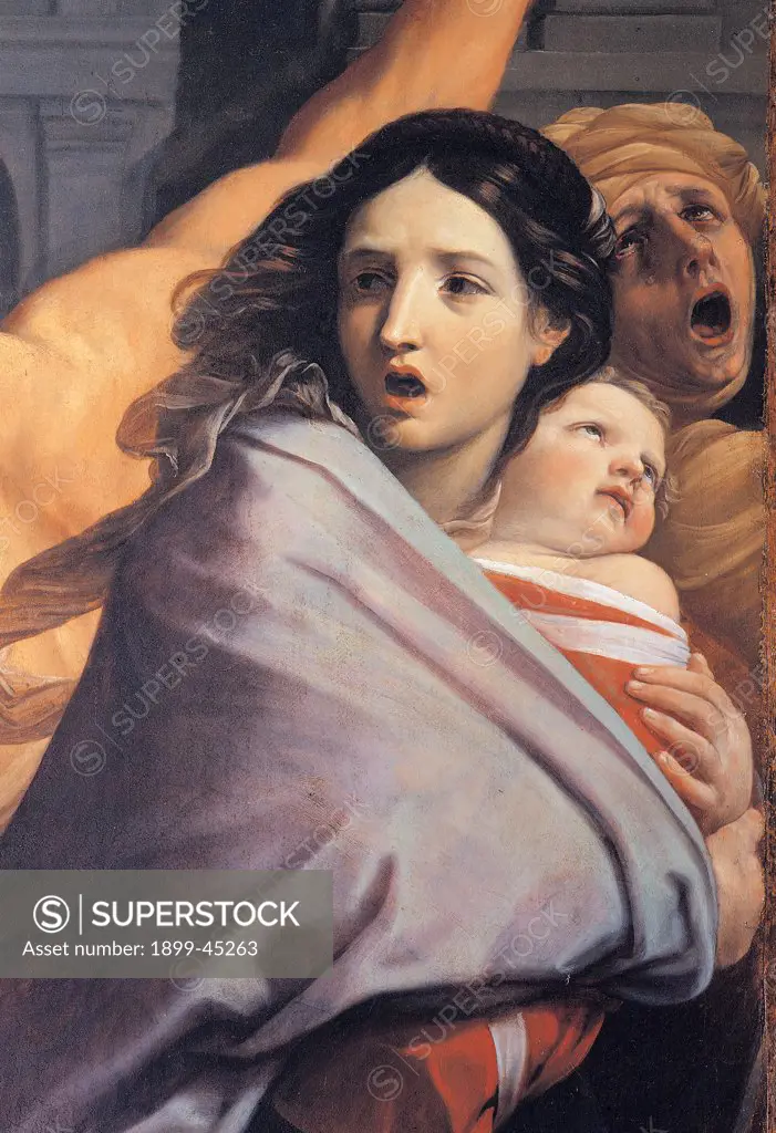 Massacre of the Innocents, by Reni Guido, 1611, 17th Century, oil on canvas. Italy: Emilia Romagna: Bologna: National Gallery of Art. Details. A mother embracing her swaddles newborn lilac purple cloak