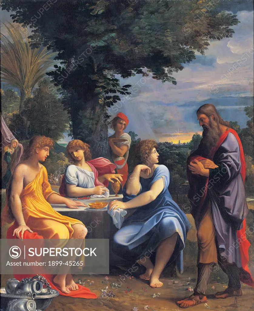 Abraham and the Three Angels, by Carracci Ludovico, 16th Century - 17th Century, oil on canvas. Italy: Emilia Romagna: Bologna: National Gallery of Art. Whole artwork. Abraham angels dress/cloth cloak table tree yellow light blue/azure red