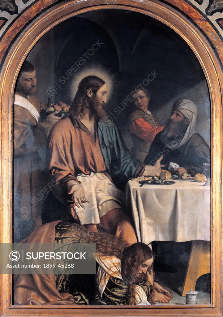 Supper in the House of the Pharisee, by Bonvicino Alessandro known as Moretto da Brescia, 16th Century, oil on canvas. Italy: Lombardy: Brescia: Santa Maria in Calchera church. All Jesus Christ light aureole/halo table banquet plates/dishes bread food men boy servant fruits Simon Magdalene long hair little jar unguent/ointment vault