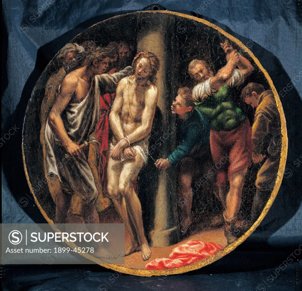 Mysteries of the Rosary, by Campi Vincenzo, 16th Century, oil on canvas. Italy: Emilia Romagna: Parma: Busseto: San Bartolomeo Collegiate Church. Whole artwork. Tondo Flagellation of Christ Jesus Christ column torture sharp points men scourging