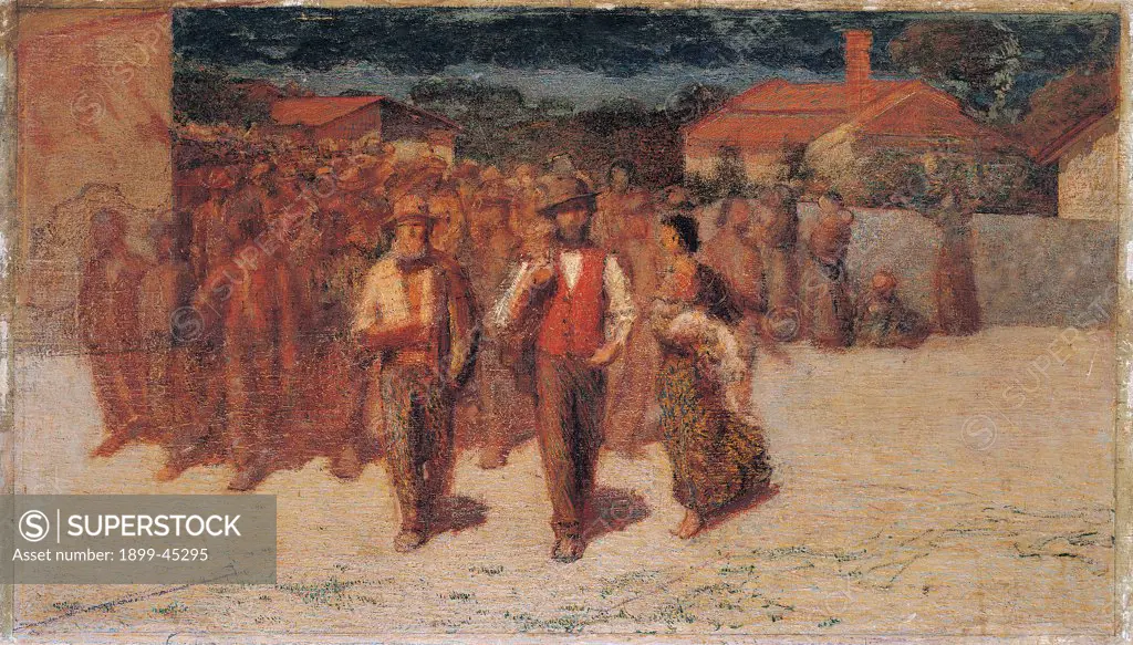 Fiumana (Fourth Estate) (outline), by Pellizza da Volpedo Giuseppe, 1895, 19th Century, oil on canvas. Private collection. Whole artwork. Crowd people walking people man woman houses red gray
