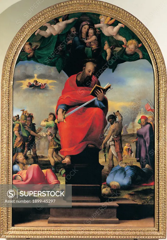 St Paul, by Domenico di Giacomo di Pace known as Beccafumi Domenico, 1516, 16th Century, tempera and oil on canvas. Italy: Tuscany: Siena: Opera del Duomo Museum. Whole artwork. Saint St Paul throne book sword angels sky light red blue green pink