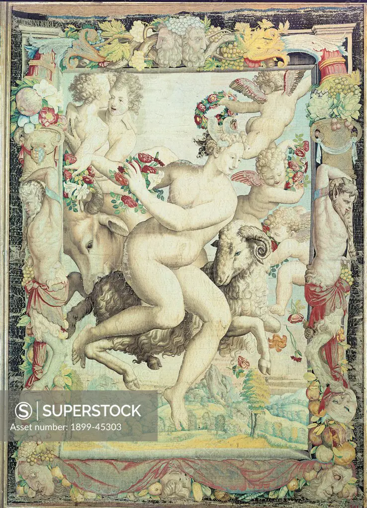 Flora, by Rost (Roost) Giovanni (Jan), model Allori Angelo (Agnolo) Bronzino, 1553, 16th Century, . Italy: Tuscany: Florence: Palazzo Vecchio. Tissue/fabric/material from the Medici tapestry works Flora nude woman ram bull garland fruit cherubs putti