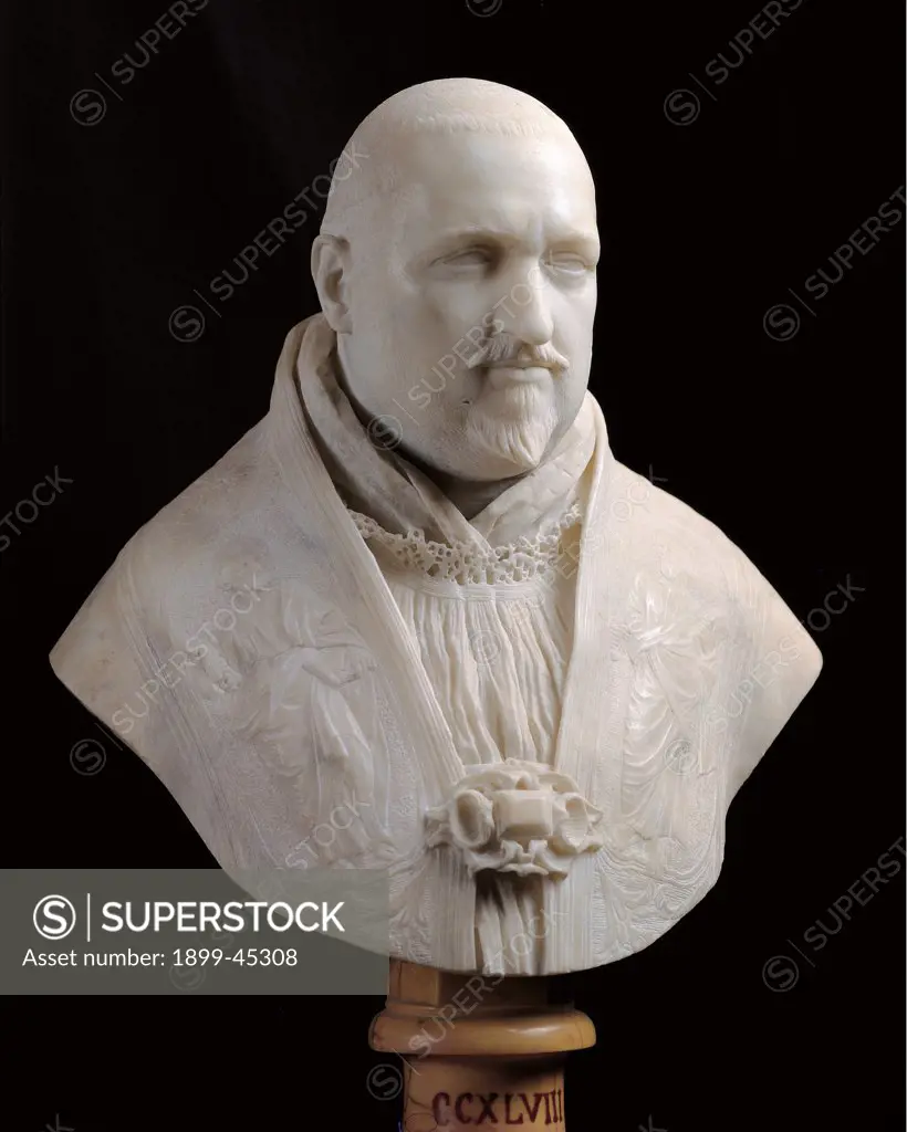 Bust of Pope Paul V, by Bernini Gian Lorenzo, 1617 - 1618, 17th Century, Carrara marble full relief. Italy: Lazio: Rome: Borghese Gallery. Whole artwork. Bust portrait Pope moustache beard clothes embroidery cope brooch