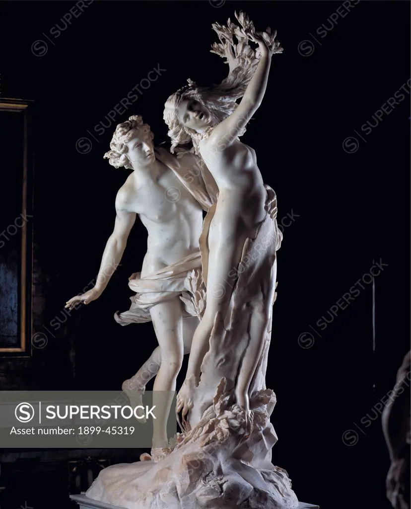 Apollo and Daphne, by Bernini Gian Lorenzo, 1622 - 1625, 17th Century, marble, full relief. Italy: Lazio: Rome: Borghese Gallery. Whole artwork. God Apollo embrace/hug nymph Daphne metamorphosis weeping laurel