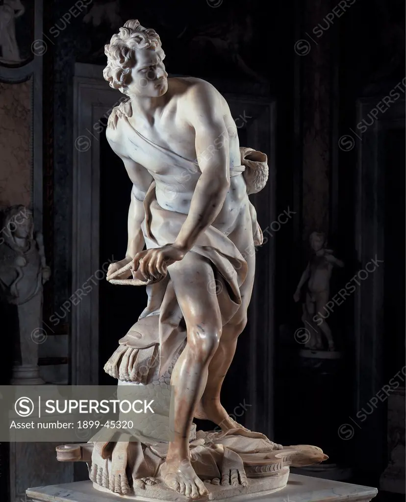 David, by Bernini Gian Lorenzo, 1623 - 1624, 17th Century, marble, full relief. Italy: Lazio: Rome: Borghese Gallery. Whole artwork. Young shepherd bag tribe Israel David sling twist throw