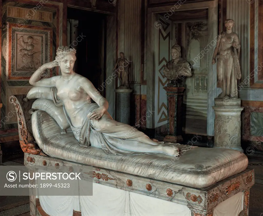 Pauline Borghese Bonaparte as Venus Victrix, by Canova Antonio, 1804 - 1808, 19th Century, marble. Italy: Lazio: Rome: Borghese Gallery. Whole artwork. Triclinium woman breast crown classical pose bed cushions arm-rest