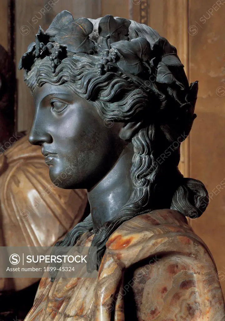 Herm of Bacchus, by Valadier Louis, 1773, 18th Century, bronze and pink alabaster. Italy: Lazio: Rome: Borghese Gallery. Detail. Statue head profile drapes marble bronze