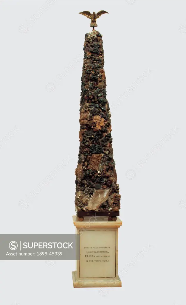Obelisk with Minerals from the Island of Elba, by Tuscany workmanship, 1814, 19th Century, . Private collection. Whole artwork. Obelisk base inscription eagle power minerals