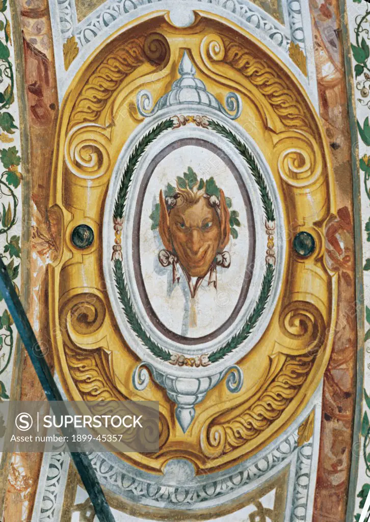 Decoration of Villa d'Adda Borromeo in Settimo Milanese, by Luini Aurelio, 1560, 16th Century, fresco. Italy: Lombardy: Milan: Settimo Milanese: Villa Borromeo d'Adda. Detail. Frescoed vault phytomorphic/plant motifs grotesque