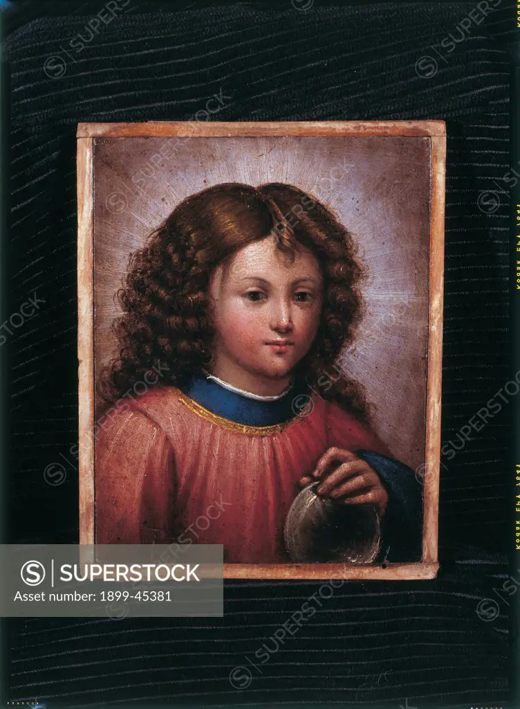 Salvator Mundi, by Caccia Orsola Maddalena, 1620, 17th Century, . Private collection. Whole artwork. Young Christ child hair curls red dress/robe/garment