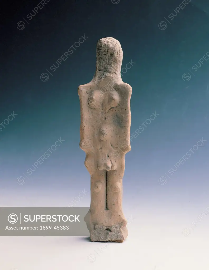 Clay votive statuette, by Unknown artist, 6th Century, stone, full relief. Italy: Campania: Naples: National Archaeological Museum. Whole artwork. Votive statuette nude female divinity/deity stone