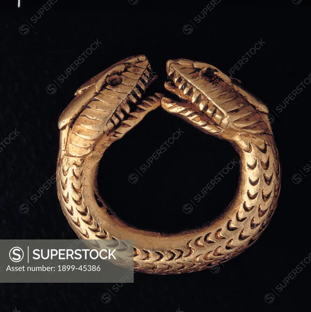 Ring, by Unknown artist, 1st Century, gold. Italy: Campania: Naples: National Archaeological Museum: n. inv. 25040. Whole artwork. Ring yellow gold heads snake scales/squamae reptile