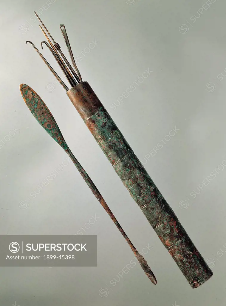 Surgical instruments, by Unknown artist, 1st Century, bronze and copper alloy. Italy: Campania: Naples: National Archaeological Museum: 116444. Surgical instruments case probe spatula probes