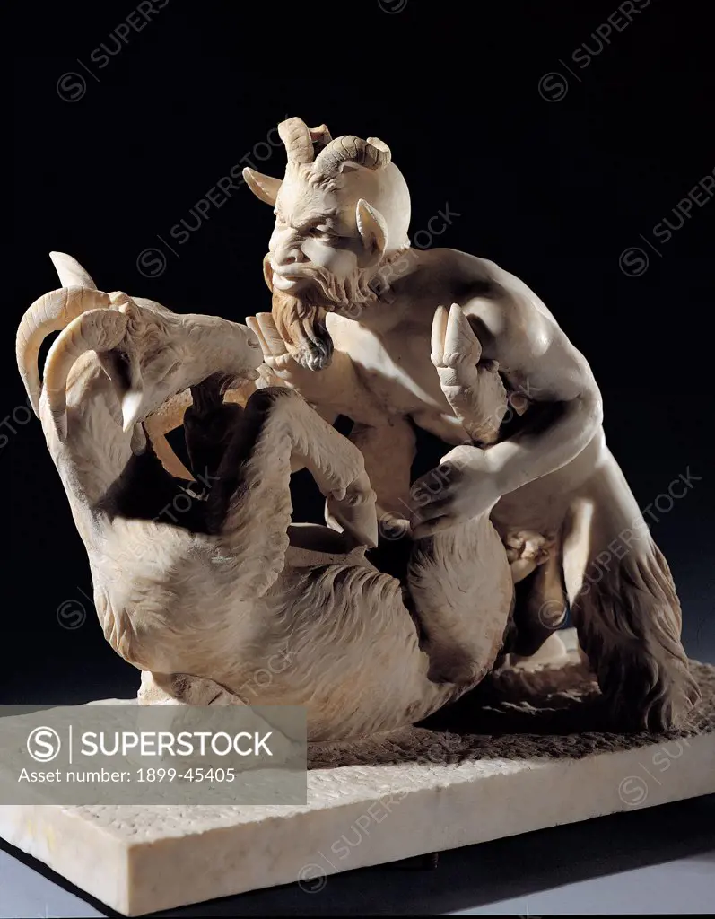 Group of Pan and goat, by Unknown artist, 2nd Century - 1st Century b.C., white marble, full relief. Italy: Campania: Naples: National Archaeological Museum. Whole artwork. Sculpture group statue of Pan God of the Woods and the rural world horns goat feet embrace