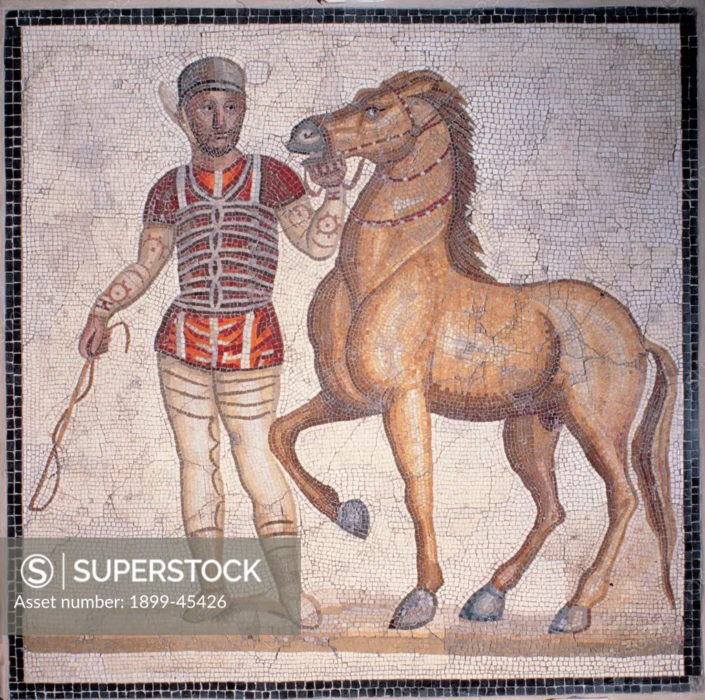 Auriga of the Circus, by Unknown artist, 3rd Century, mosaic. Italy: Lazio: Rome: Palazzo Massimo alle Terme. Whole artwork. Mosaic horse auriga man whip
