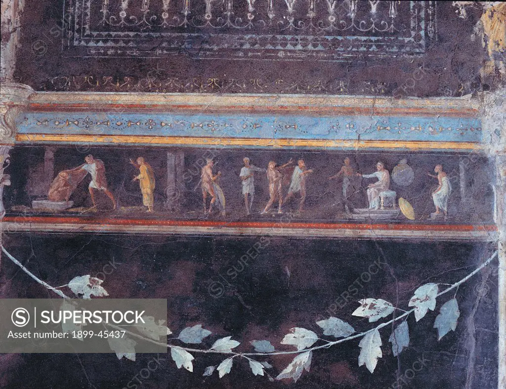 Frieze depicting a scene of judgment, by Unknown artist, 25,1st Century, mural. Italy: Lazio: Rome: Palazzo Massimo alle Terme: Triclinio C parete sinistra quarto riquadro. Detail. Frieze judgment festoon