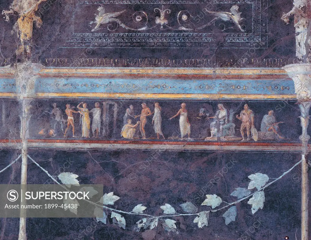 Frieze depicting a scene of judgment, by Unknown artist, 25,1st Century, mural. Italy: Lazio: Rome: Palazzo Massimo alle Terme: Triclinio C parete sinistra quinto riquadro. Detail. Frieze depicting a scene of judgment garland leaf light blue/azure green vine/grapevine grotesques