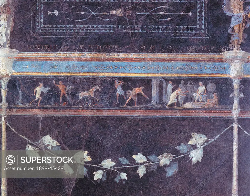 Frieze depicting a scene of judgment, by Unknown artist, 25,1st Century, mural. Italy: Lazio: Rome: Palazzo Massimo alle Terme: Triclinio C parete sinistra sesto riquadro. Detail. Frieze depicting a scene of judgment garland leaf light blue/azure green vine/grapevine grotesques