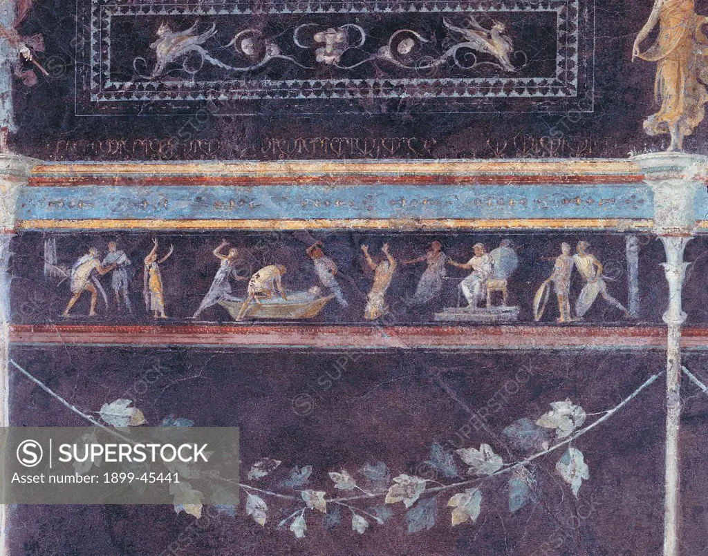 Frieze depicting a scene of judgment, by Unknown artist, 25,1st Century, mural. Italy: Lazio: Rome: Palazzo Massimo alle Terme: Triclinio C parete sinistra ottavo riquadro. Detail. Frieze depicting a scene of judgment garland leaf light blue/azure green vine/grapevine grotesques