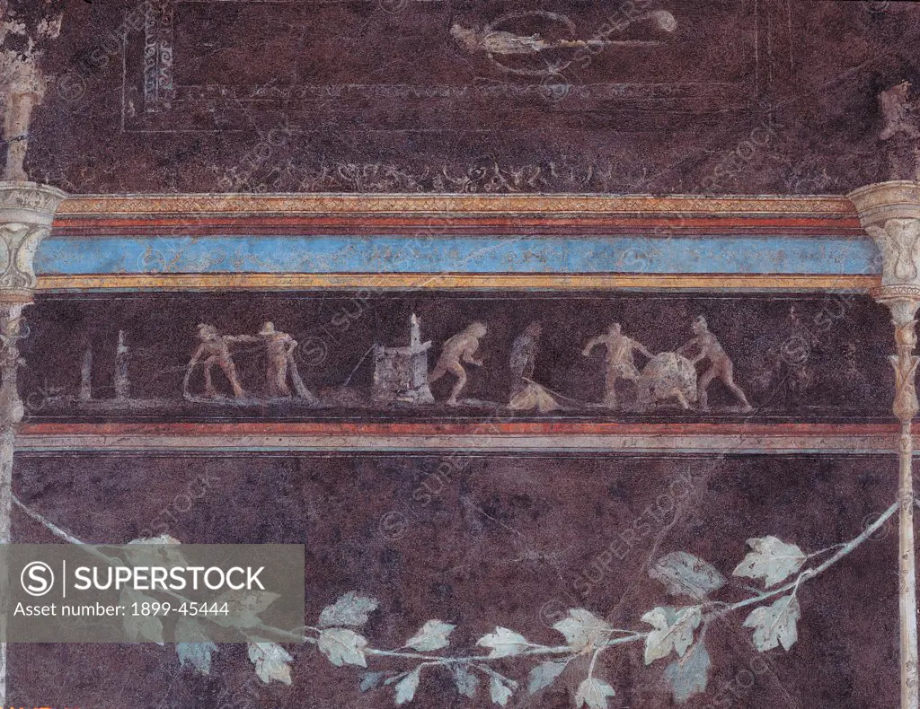 Frieze depicting a scene of judgment, by Unknown artist, 25,1st Century, mural. Italy: Lazio: Rome: Palazzo Massimo alle Terme: Triclinio C parete destra settimo riquadro. Detail. Frieze depicting a scene of judgment garland leaf light blue/azure green vine/grapevine grotesques