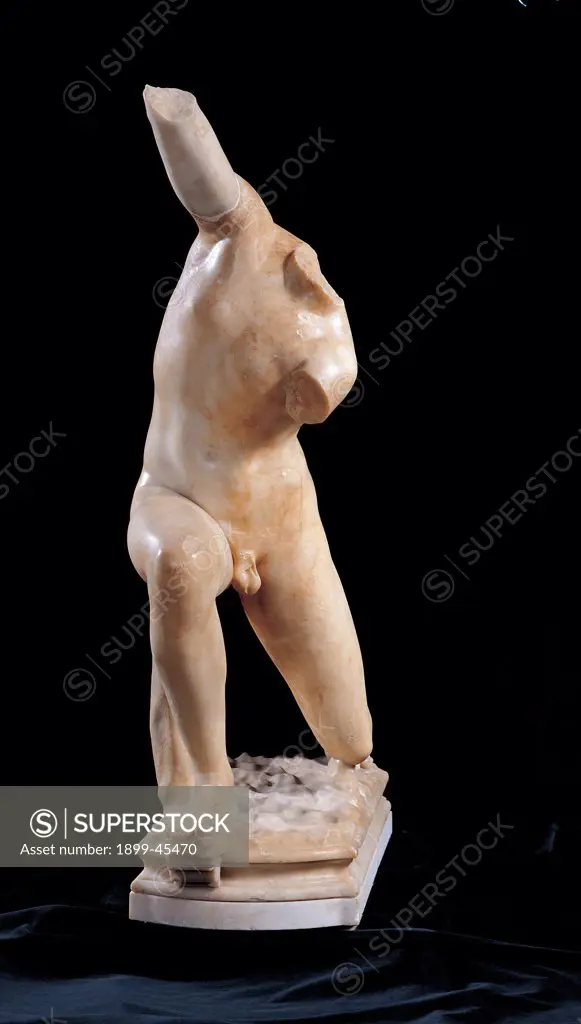Ephebos, by Unknown artist, 37 - 68, 1st Century, Greek marble. Italy. Lazio. Rome. Palazzo Massimo alle Terme. Sala V - inv. 1075. Whole artwork. Front view Ephebos. From the so-called Villa of the Roman Emperor Nero in Subiaco, along the right bank of the Aniene River (1884). State of preservation of missing the head and part of the arms. Left leg reconstructed