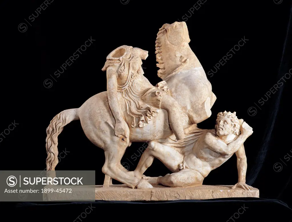 Group with Amazon and Barbarian, by Unknown artist, 138 - 192, 2nd Century, marble. Italy. Lazio. Rome. Palazzo Massimo alle Terme. inv. 124678. Whole artwork. Front view. Group with Amazon and barbarian horse. Antonine reworking of a Hellenistic original. From the Imperial Villa, Anzio. State of preservation of horse without muzzle and fore legs, knight headless, missing foot and right hand