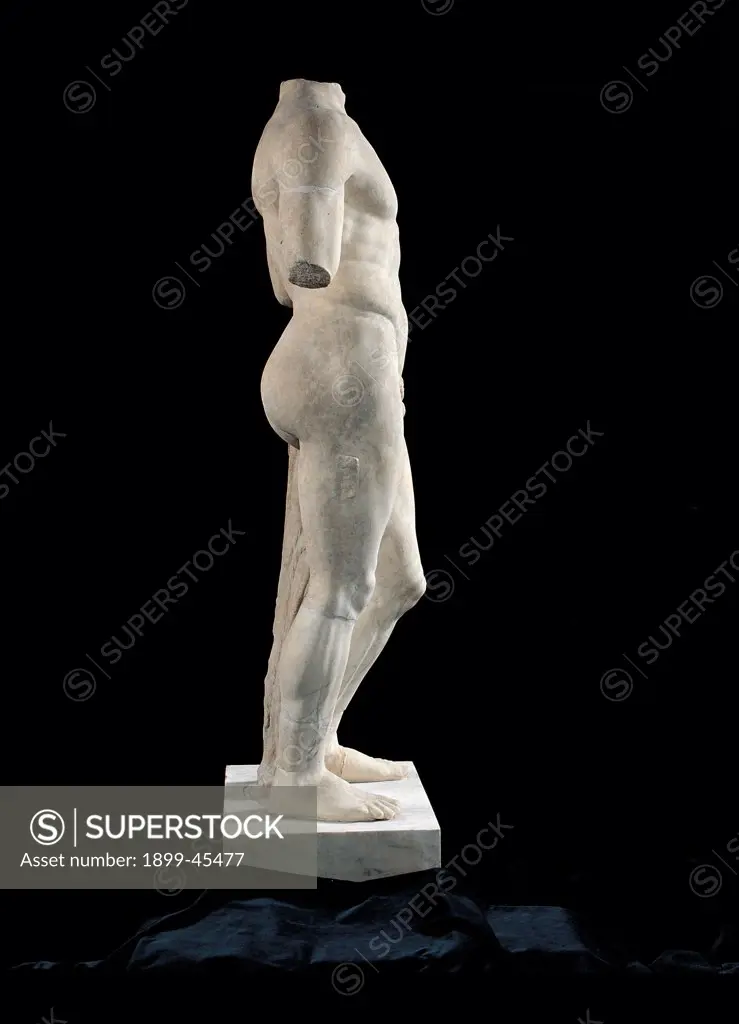 Headless Statue of Heracles, by Unknown artist, 1st Century, marble. Italy: Lazio: Rome: Palazzo Massimo alle Terme: inv. 29. Whole artwork.Headless statue of Heracles view side man anatomy white marble pedestal