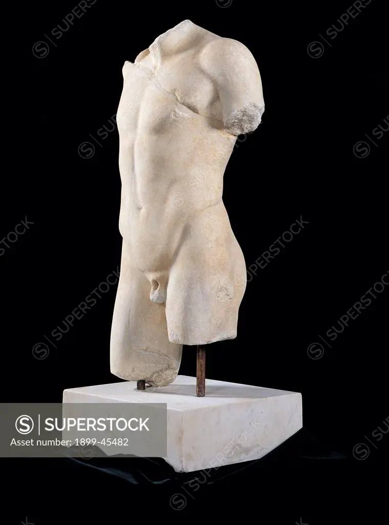 Athlete's Torso - copy of the so-called Kyniskos by Polykleitos (Efebo Westmacott), by Unknown artist, 1st Century - 2nd Century, marble. Italy: Lazio: Rome: Palazzo Massimo alle Terme: inv. 2003541. Whole artwork. Right view. Athlete's torso. Copy of the so-called Kyniskos by Polykleitos (Ephebos Westmacott) From Rome, Via di Decima. Imperial Age Roman copy of the so-called Kyniskos by Polykleitos (Ephebos Westmacott)