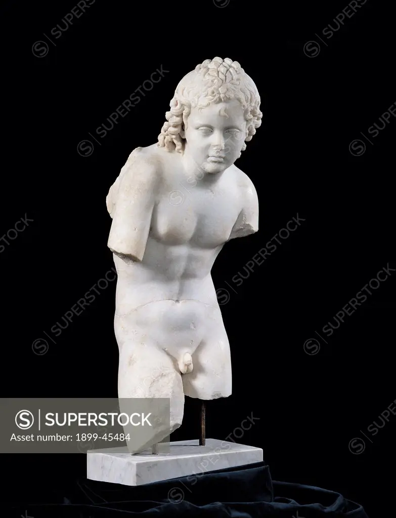Eros statue, by Unknown artist, 2nd Century, marble. Italy: Lazio: Rome: Palazzo Massimo alle Terme: inv. 113190. Whole artwork. Left view. Eros statue from Rome, Lungotevere in Sassia - 2C AD Roman copy of the Greek original by Lysippos curls