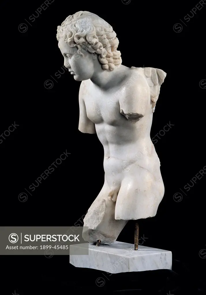 Eros statue, by Unknown artist, 2nd Century, marble. Italy: Lazio: Rome: Palazzo Massimo alle Terme: inv. 113190. Whole artwork. Right view. Eros statue from Rome, Lungotevere in Sassia - 2C AD Roman copy of the Greek original by Lysippos curls wings
