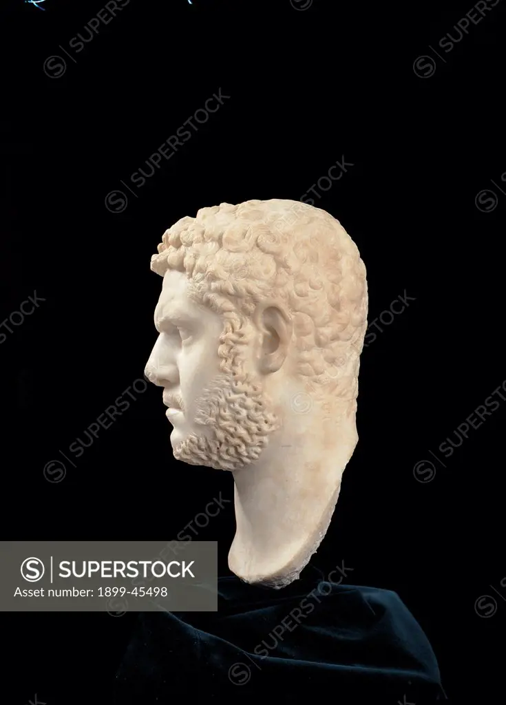 Portrait of Caracalla, by Unknown artist, 2nd Century d. C.,, very fine grain Greek marble. Italy. Lazio. Rome. Palazzo Massimo alle Terme. Sala XVIII - inv. 125565. Whole artwork. View from the right - curly hair beard face. From Rome, Via Cassia at km 11.5 (1948). State of preservation of missing a curl on the forehead, tip of nose, part of right ear pavilion and a part of left ear. Chippings