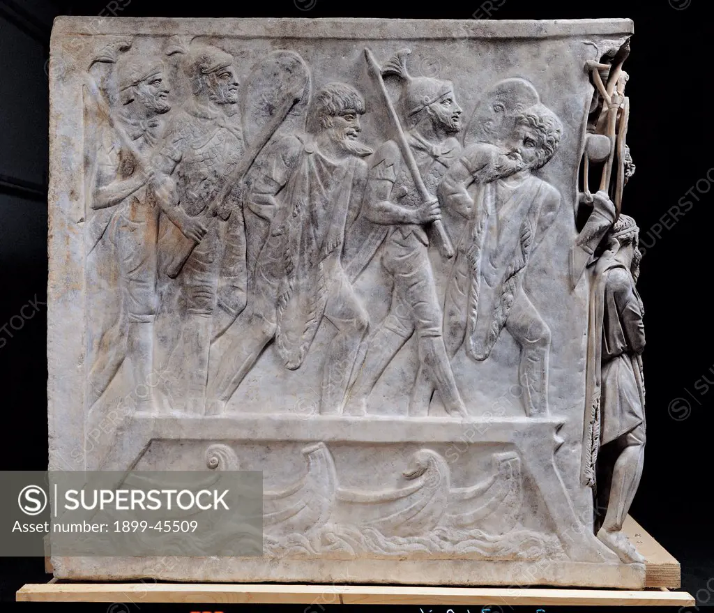 Portonaccio Sarcophagus, by Unknown artist, 180 - 190, 2nd Century, medium grain white marble. Italy. Lazio. Rome. Palazzo Massimo alle Terme. Sala XII - inv. 112327. Whole artwork. Left side depicting two prisoners escorted by Roman soldiers. From Rome, Portonaccio Tiburtina. State of preservation of surface well preserved with small chippings. The