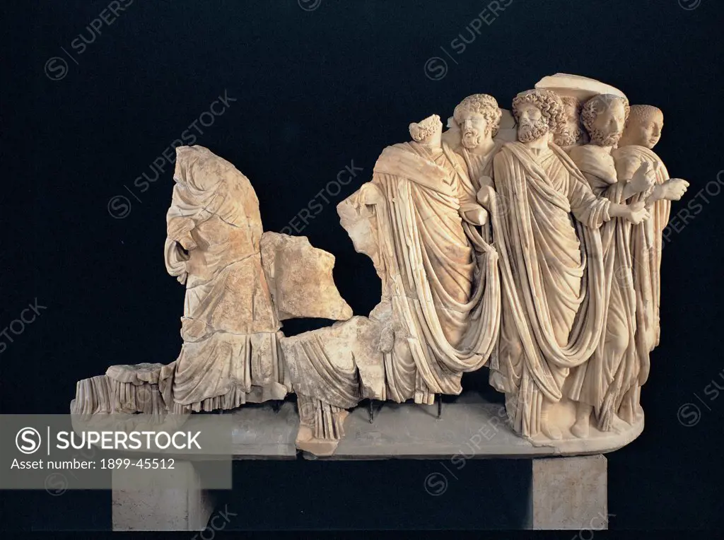 Lenos sarcophagus with processus consularis (Sarcophagus with a procession for the appointment of a Consul), by Unknown artist, 238 - 238,, insular Greek marble (Parian), very high relief. Italy. Lazio. Rome. Palazzo Massimo alle Terme. Sala XIV - inv. 126372. Whole artwork. Side view. Sarcophagus with procession/cortege for the appointment of a Consul Lenos sarcophagus with processus consularis. From Acilia, Palocco (1950). State of preservation of almost completely missing of right half, muti