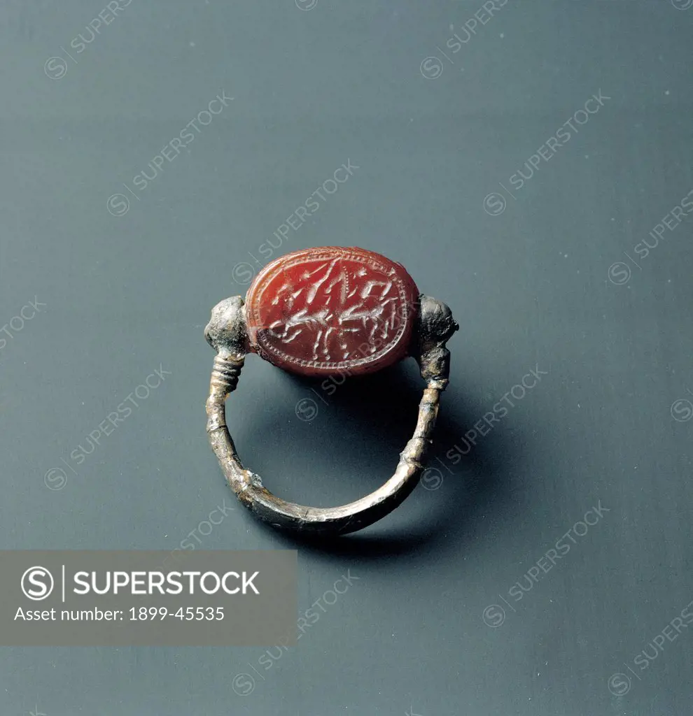 Seal ring with gemstone, by Unknown artist, 4th Century b.C.,, . Italy: Puglia: Taranto: Taranto: National Archaeological Museum. Whole artwork. Ring gemstone cornelian engraved double sphere ring