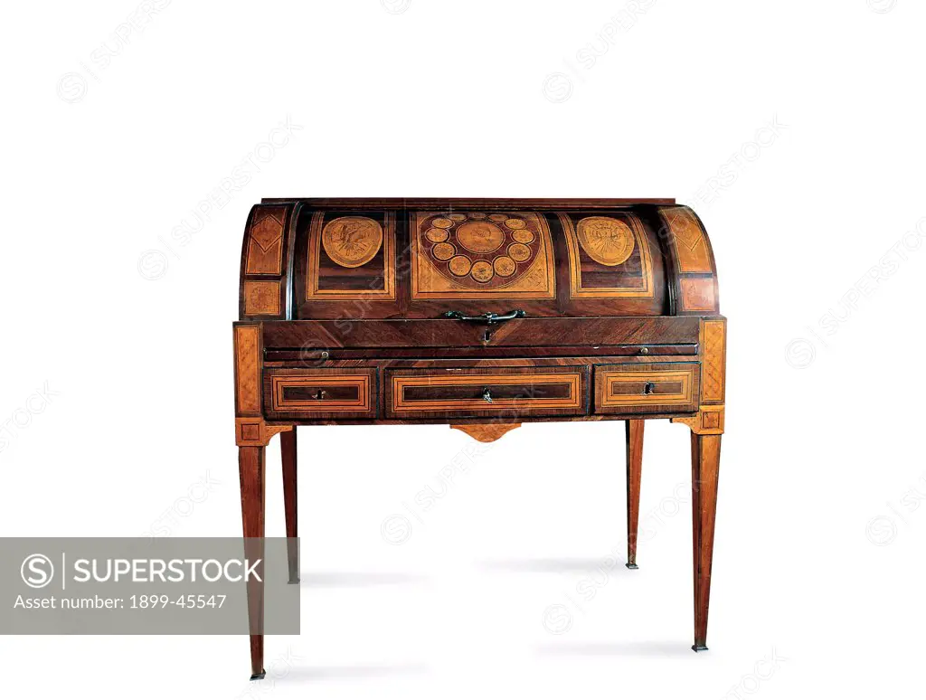 Desk, by Sicily workmanship, 18th Century, inlaid wood. Private collection. Detail. Desk writing-table table furniture fittings design furnishings inlay decoration ornate carving decor ornament drawing coats of arms geometric motif