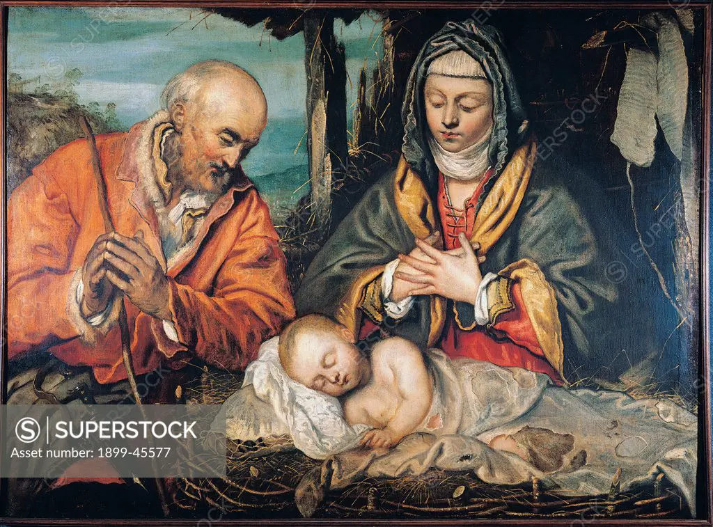 Holy Family, by workshop Robusti Jacopo detto Tintoretto, 16th Century, oil on canvas. Private collection. Whole artwork. Holy Family Virgin Madonna St Joseph sleeping Infant Jesus/Christ Child/Baby Jesus/Child Jesus sleep manger mantle/cloak