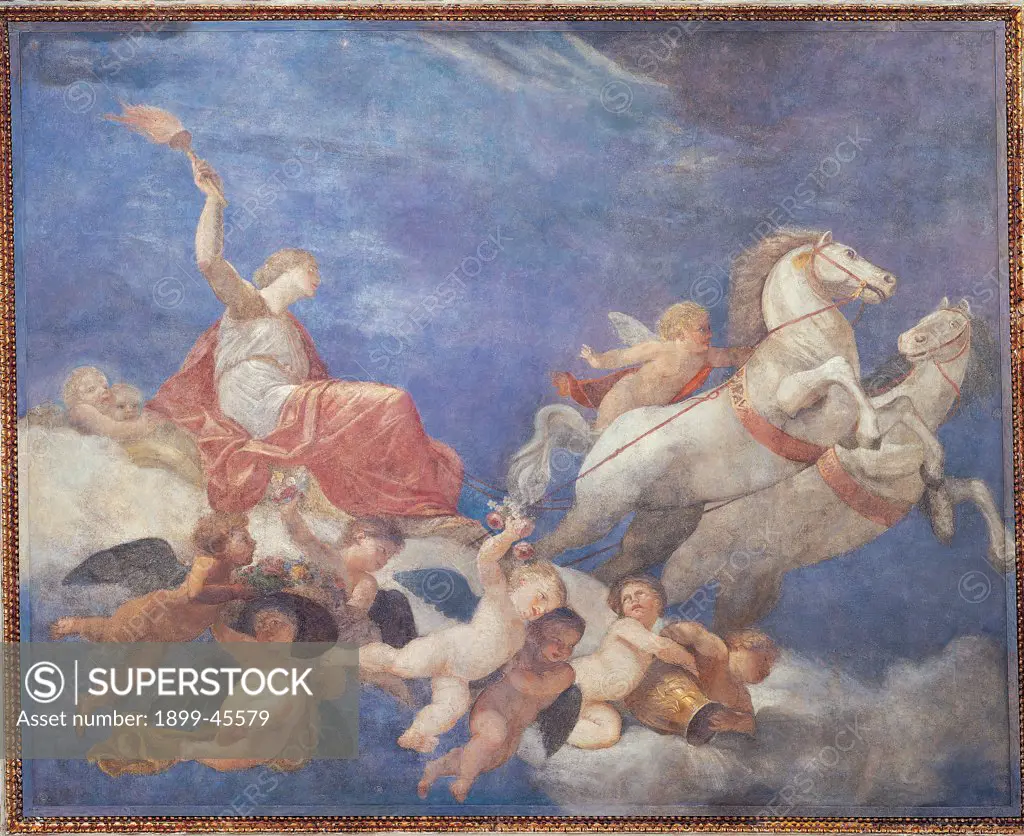 Aurora Carried by the Chariot of Sun, by Appiani Andrea, 18th Century, detached fresco transferred to canvas. Private collection. Whole artwork. White horses chariot Aurora Sun putti sky clouds