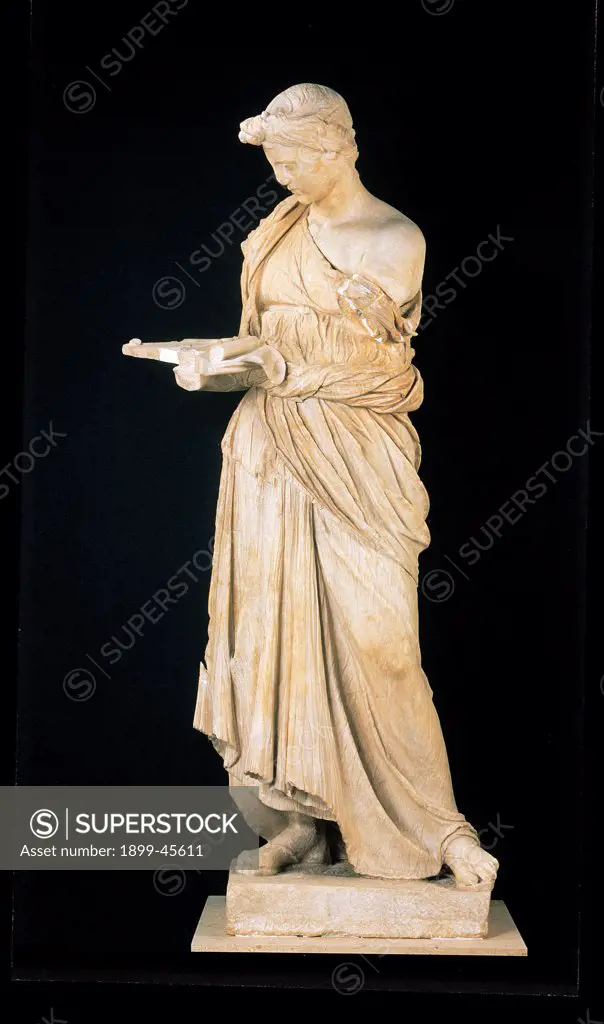 The Maiden of Antium, by Unknown artist, 2nd Century, Greek white marble. Italy: Lazio: Rome: Palazzo Massimo alle Terme. Whole artwork. Women young girl figure dress/clothes full length figure