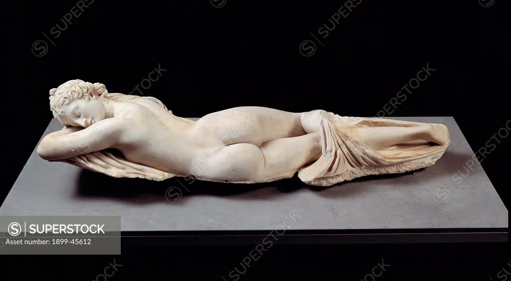 Sleeping Hermaphrodite, by Unknown artist, 2nd Century, Luni marble, full relief. Italy: Lazio: Rome: Palazzo Massimo alle Terme. Whole artwork. Naked body gluteus hermaphrodite sleeping drape view back work from a private urban building