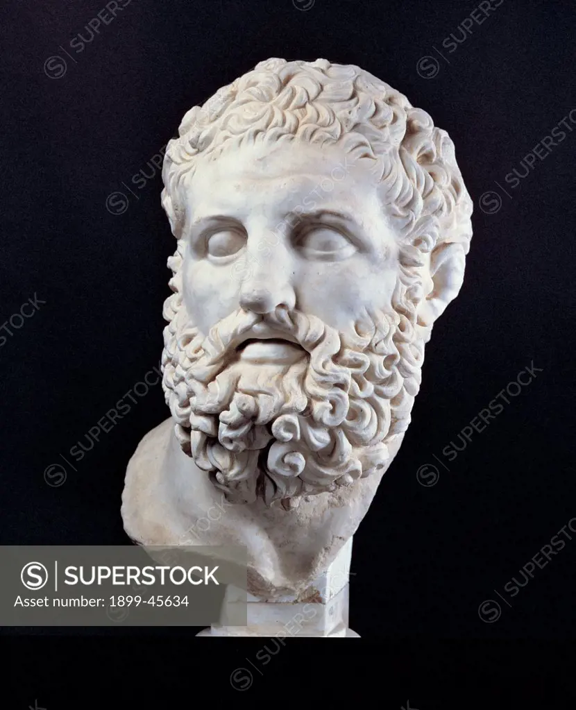 Head of Heracles, by Unknown artist, 2nd Century, marble, full relief. Italy: Lazio: Rome: Palazzo Massimo alle Terme. Hero bearded face. Total of the fragment beard face